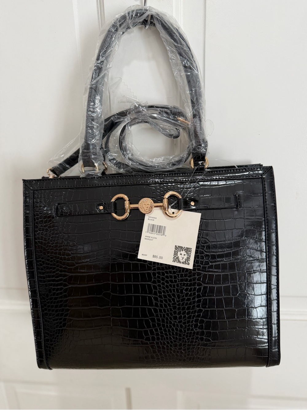 Anne Klein Black Croc-Embossed Satchel with Gold Hardware